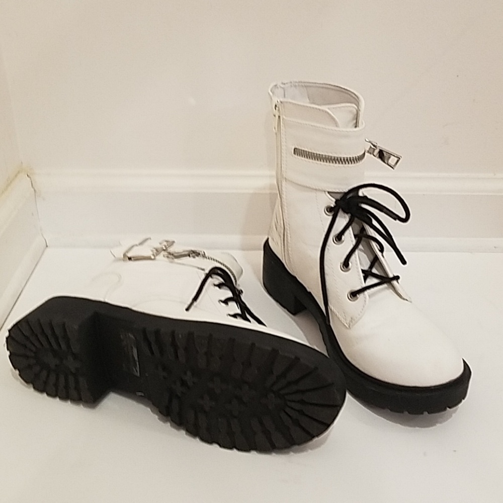 Qupid White Combat Boots with Black Sole